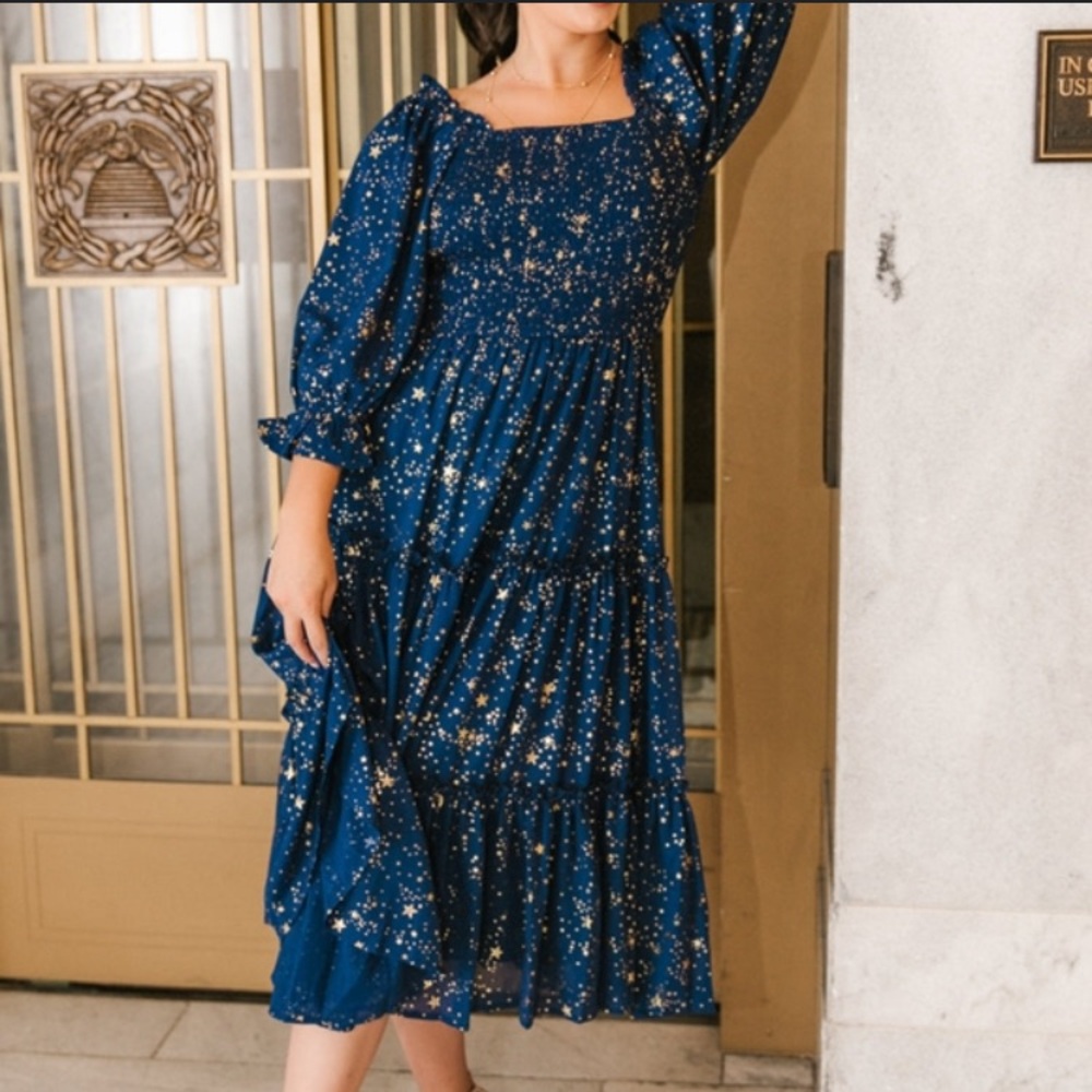 Ivy City Co Blue and Gold Starry Nights Dress